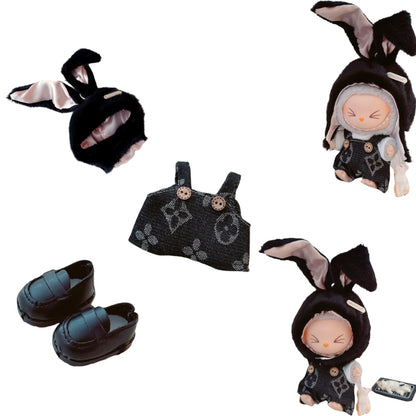 3-Piece Labubu Doll Outfit Set – Black Bunny Overalls Hat and Shoes for Gen 1/2 17cm/6.69inch Dolls