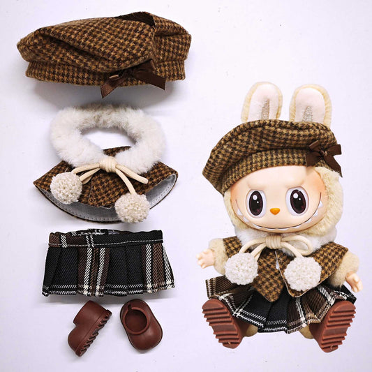 4-Piece Autumn Houndstooth Doll Outfit Set – Beret, Cape, Plaid Skirt & Brown Shoes for 17cm Dolls (Doll Not Included)