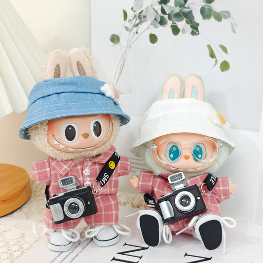 Chic Pink Plaid Suit Set for 17cm Labubu Dolls - Includes Blazer & Pants, Hat, Glasses, Camera, and Sneakers (Doll Not Included)