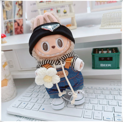 4-Piece Doll Outfit Set – 17cm、6.69inch Labubu Clothes with Hoodie, Denim Overalls, Hat & Shoes