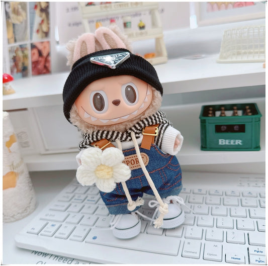 4-Piece Doll Outfit Set – 17cm、6.69inch Labubu Clothes with Hoodie, Denim Overalls, Hat & Shoes