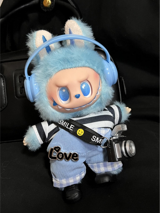 5-Piece Labubu Doll Outfit – 17cm/6.69inch Casual Overalls Set with Camera Bag & Accessories (Doll Not Included)