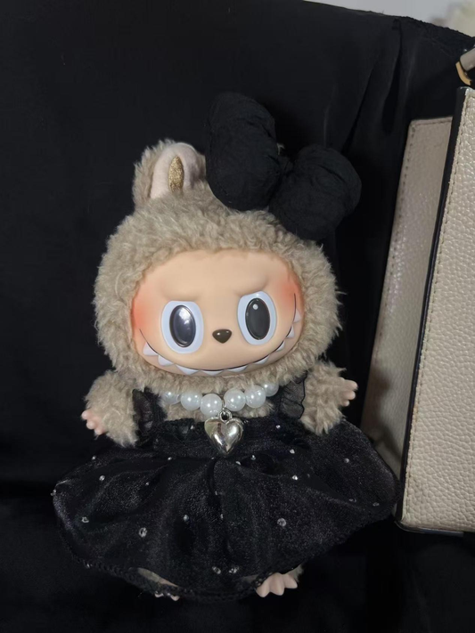 3-Piece Labubu Doll Princess Outfit – Black Bow, Pearl Necklace & Glitter Skirt for 17cm/6.69inch Dolls, Perfect for Party Styling (Doll Not Included)