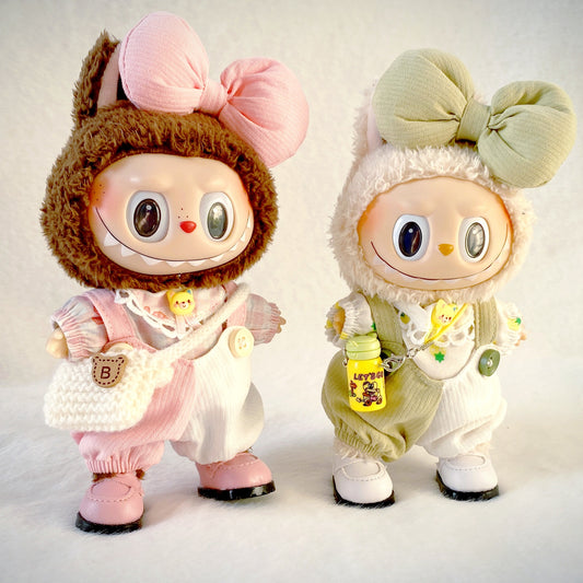 Labubu 5-Piece Cottagecore Set – Vintage-Inspired Doll Outfit with Bow, Jumpsuit & Bag Charm for 17cm/6.69inch Dolls