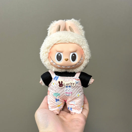 2-Piece “Smile & Sunshine” Outfit for 17cm/6.69inch Labubu – Blue Knit Top + Colorful Overalls (Doll Not Included)