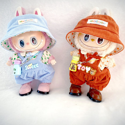 Labubu 5-Piece Toy Streetwear Set – Cute Doll Outfit with Hat, Printed Shirt, Overalls & Charm Accessories for 17cm/6.69inch Dolls