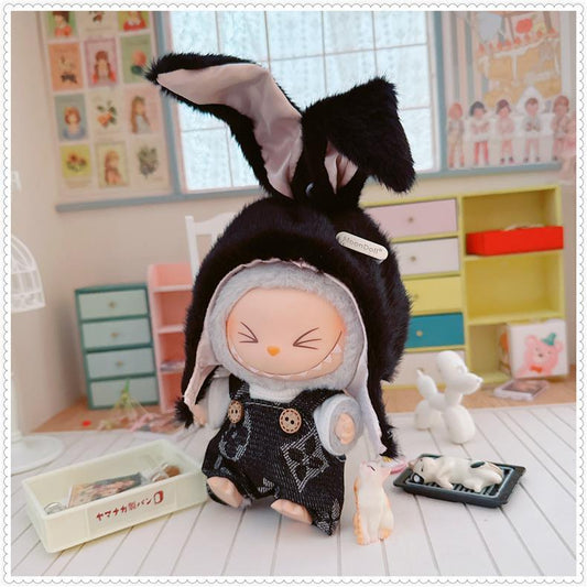 3-Piece Labubu Doll Outfit Set – Black Bunny Overalls Hat and Shoes for Gen 1/2 17cm/6.69inch Dolls