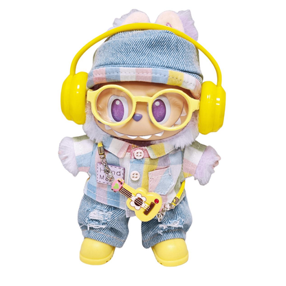7-Piece Outfit Set for 17cm Labubu – Shirt, Hat, Denim Pants, Guitar Pendant, Shoes, Glasses & Headphones (Doll Not Included, 5 Colors Available)