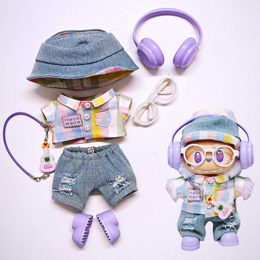 7-Piece Outfit Set for 17cm Labubu – Shirt, Hat, Denim Pants, Guitar Pendant, Shoes, Glasses & Headphones (Doll Not Included, 5 Colors Available)