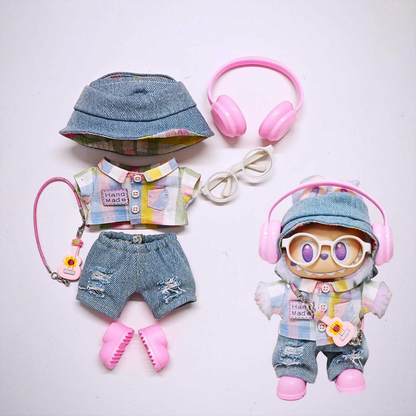 7-Piece Outfit Set for 17cm Labubu – Shirt, Hat, Denim Pants, Guitar Pendant, Shoes, Glasses & Headphones (Doll Not Included, 5 Colors Available)