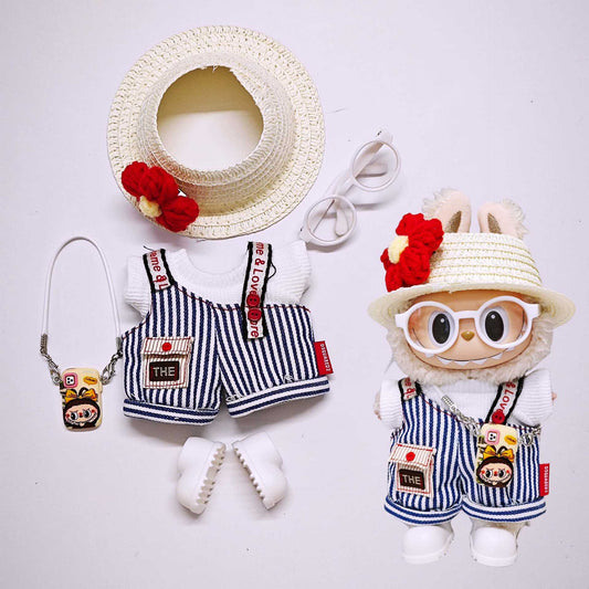 6-Piece Doll Outfit Set – White Summer Overalls Set with Hat, Glasses, Shoes, Mini Bag, and T-Shirt | Fits 17cm Labubu Dolls | Doll Not Included