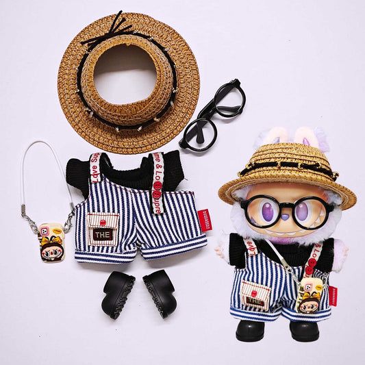 6-Piece Labubu Doll Outfit Set – Striped Overalls + Black Tee + Straw Hat + Glasses + Boots + Mini Bag (Doll Not Included)