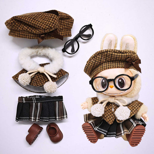 5-Piece Autumn Houndstooth Doll Outfit Set – Beret, Glasses, Cape, Plaid Skirt & Brown Shoes for 17cm Dolls (Doll Not Included)