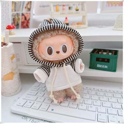 4-Piece Doll Outfit Set – 17cm、6.69inch Labubu Clothes with Hoodie, Denim Overalls, Hat & Shoes