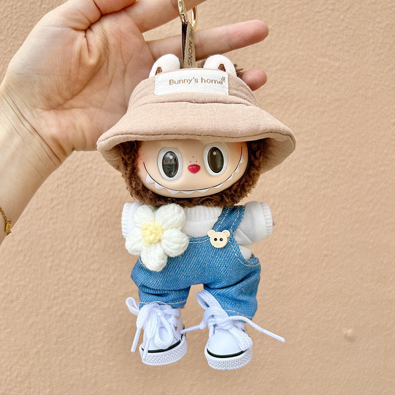 Labubu 5-Piece Spring Picnic Set – Floral Hat & Overalls Outfit with Shoes and Daisy Accessory for 17cm/6.69inch Dolls
