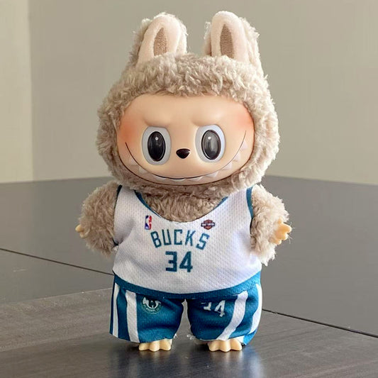 2-Piece Basketball Doll Outfit Set – Bucks No.34 White & Blue Jersey and Shorts for 17cm Dolls (Doll Not Included)