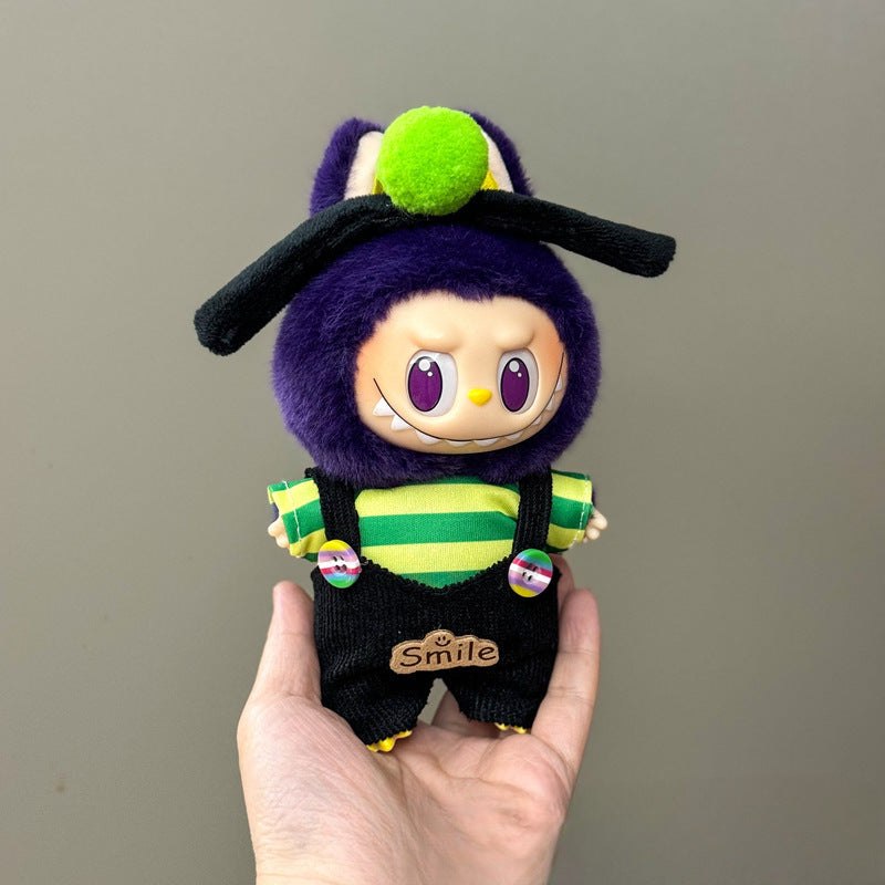 3-Piece Labubu Outfit Set for 17cm/6.69inch – Green Stripe Top, Corduroy Overalls, Character Hat (Doll Not Included)