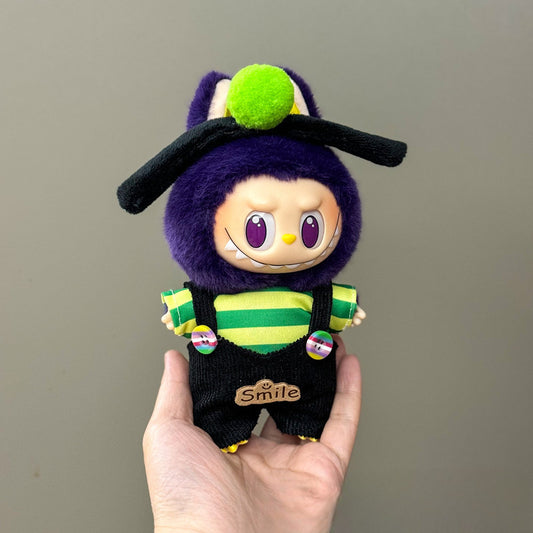 3-Piece Labubu Outfit Set for 17cm/6.69inch – Green Stripe Top, Corduroy Overalls, Character Hat (Doll Not Included)