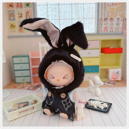 3-Piece Labubu Doll Outfit Set – Black Bunny Overalls Hat and Shoes for Gen 1/2 17cm/6.69inch Dolls