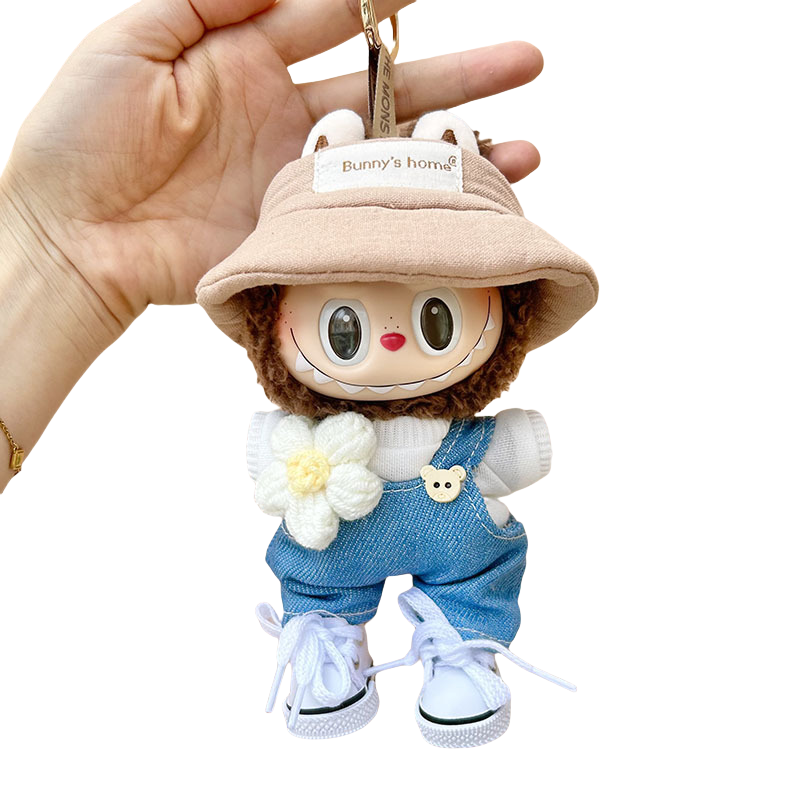 Labubu 5-Piece Spring Picnic Set – Floral Hat & Overalls Outfit with Shoes and Daisy Accessory for 17cm/6.69inch Dolls