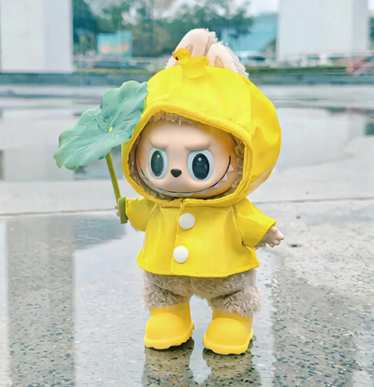 2-Piece Rainy Day Outfit Set – Yellow Raincoat + Rain Boots for Labubu Doll | Waterproof Style | Doll Clothes Only, Doll Not Included