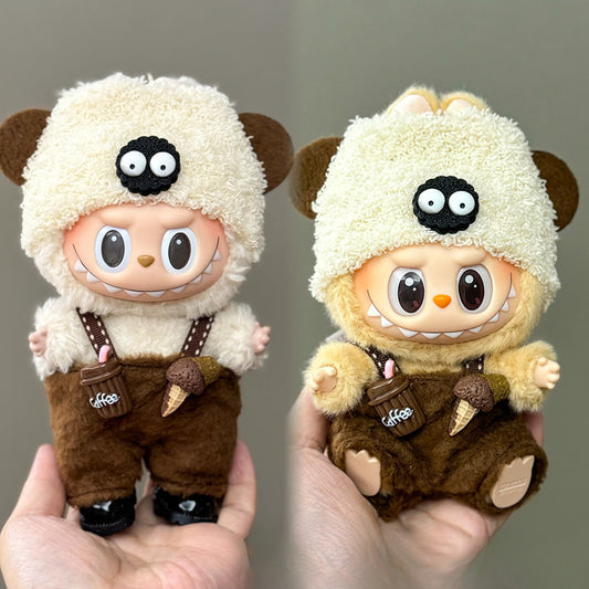 3-Piece Labubu Bear Outfit for 17cm/6.69inch – Fuzzy Hoodie, Plush Overalls, Mini Coffee & Ice Cream Pins (Doll Not Included)
