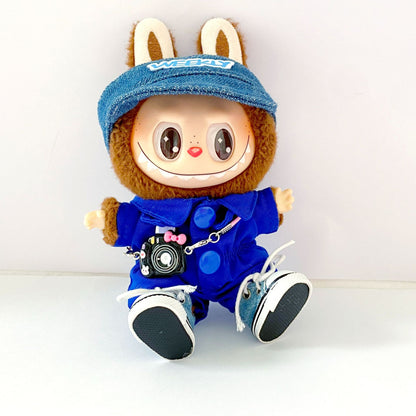 Labubu 4-Piece Travel Style Set – Colorful Outfit with Hat, Jumpsuit, Camera Bag & Shoes for 17cm/6.69inch Dolls