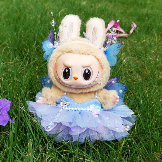 Blue Butterfly Fairy Dress Set for 17cm/6.69inch Labubu Doll – Wings, Crown & Tulle Skirt Included (Doll Not Included)