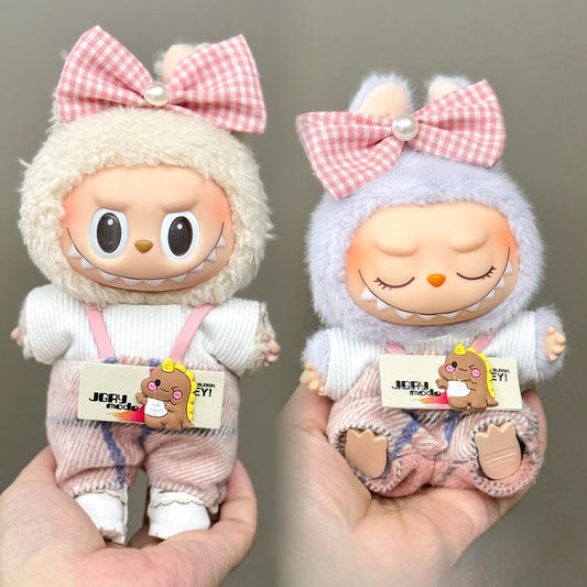 4-Piece labubu Doll Outfit Set – Pink Bow Headband + Knit Top + Striped Overalls + White Shoes | Cute Casual Look for 17cm Labubu Figures (Doll Not Included)
