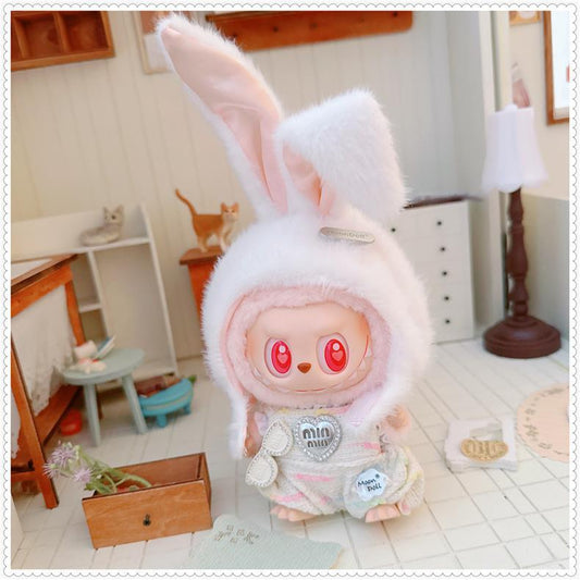 3-Piece Labubu Doll Outfit Set – White Bunny Hat, Heart Overalls and Flower Shoes for Gen 1/2 17cm/6.69inch Dolls