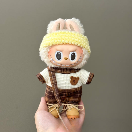 4-Piece Labubu Outfit for 17cm/6.69inch – Yellow Headband, Plaid Overalls, Waffle Knit Top, Brown Boots (Doll Not Included)