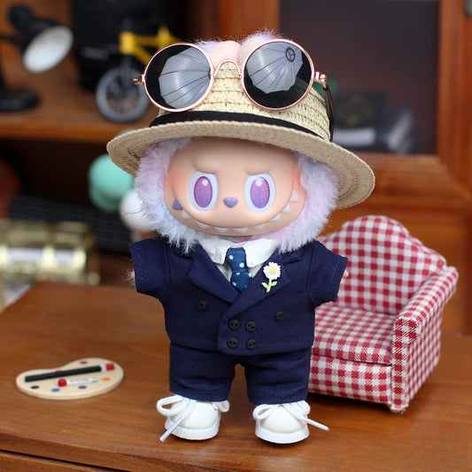 7-Piece Formal Outfit Set for 17cm/6.69inch Labubu Doll – Includes Hat, Tie, Shirt, Suit, Pants, Sunglasses & Shoes (Doll Not Included)
