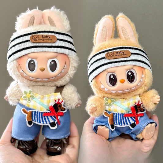 3-Piece Labubu Doll Outfit Set – Striped Headband + Embroidered Overalls + Brown Leather Shoes – Playful Casual Look
