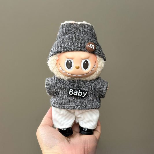 4-Piece Labubu Outfit for 17cm/6.69inch – Gray Knit Hat + “Baby” Sweater + Corduroy Pants + Black Shoes (Doll Not Included)