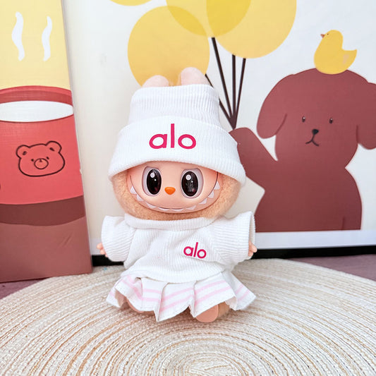 3-Piece Doll Clothing Set for Labubu – Includes White Knit Top, Pink Striped Skirt, and Matching Beanie (Doll Not Included)