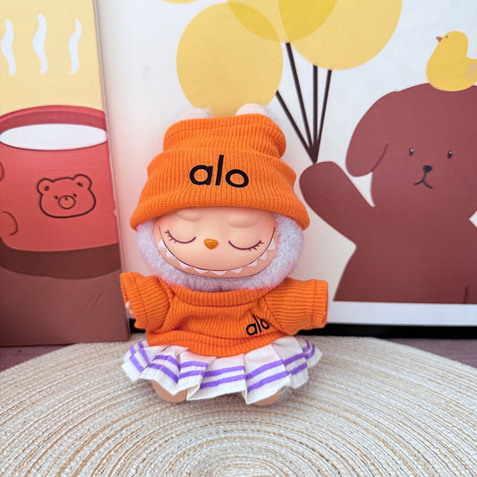 Doll Clothing Set – Orange Knit Top with Beanie and Purple-Striped Skirt for Cute Daily Styling – 3-Piece Outfit (Doll Not Included)