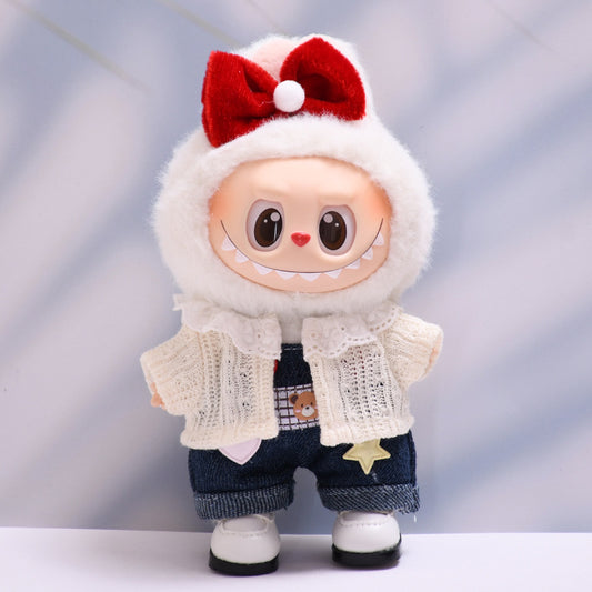 3-Piece Outfit Set for 17cm/6.69inch Labubu Doll – Knit Cardigan + Teddy Overalls + White Shoes | Not Including Doll