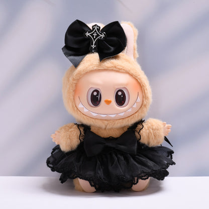 2-Piece Gothic Doll Outfit Set for 17cm/6.69inch Labubu – Black Dress + Bow Headband | Doll Not Included