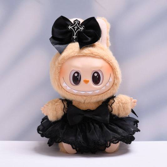 2-Piece Gothic Doll Outfit Set for 17cm/6.69inch Labubu – Black Dress + Bow Headband | Doll Not Included