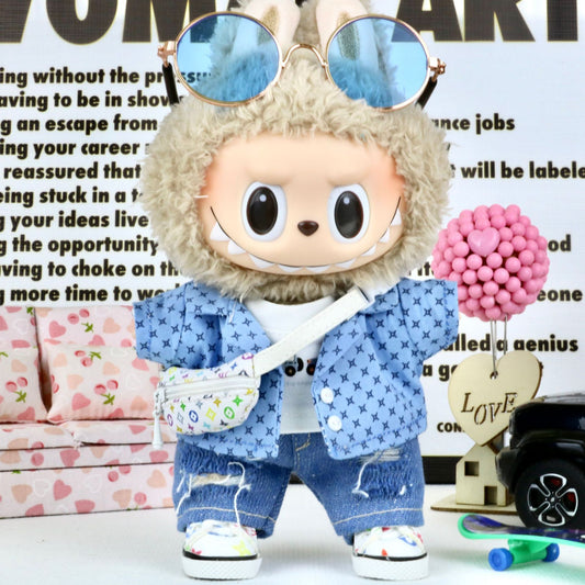 3-Piece Doll Outfit Set – White Tee, Patterned Blue Shirt & Ripped Jeans for 17cm/6.69inch Dolls – Trendy Street Style (Doll Not Included)