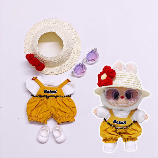 5-Piece Labubu Doll Summer Outfit Set – Includes White Tee, Yellow Lantern Pants, Flower Straw Hat, Sunglasses, and White Shoes – Vacation Look (Doll Not Included)