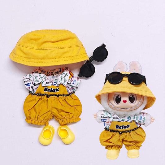 5-Piece Summer Street Style Doll Outfit Set – Letter Tee, Lantern Pants, Yellow Hat, Sunglasses & Shoes for 17cm Dolls (Doll Not Included)