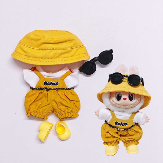 5-Piece Doll Outfit Set – White T-Shirt, Yellow Lantern Pants, Sun Hat, Sunglasses & Yellow Shoes | Relaxed Summer Style for 17cm Dolls (Doll Not Included)