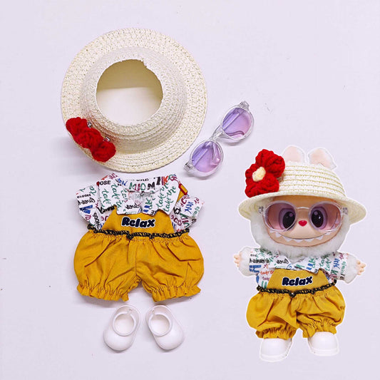 5-Piece Summer Picnic Doll Outfit Set – Floral Straw Hat, Letter Tee, Yellow Lantern Pants, Sunglasses & White Shoes for 17cm Dolls (Doll Not Included)