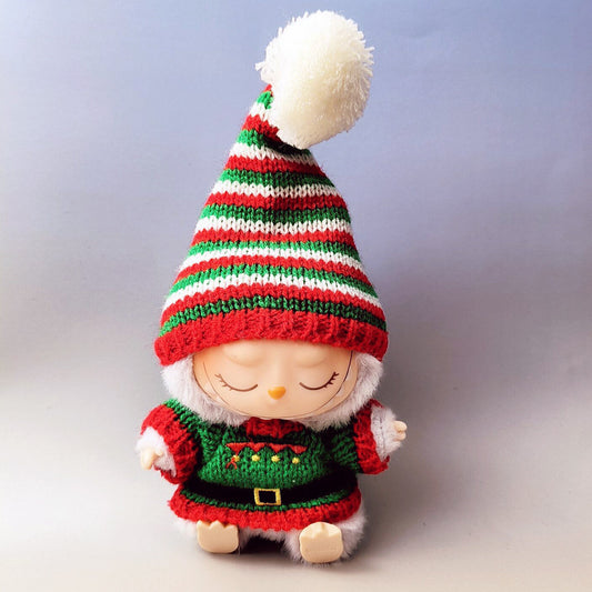 2-Piece Christmas Knit Outfit Set for 17cm ALULU Doll – Includes Striped Hat and Festive Sweater (Elf or Snowman Design, Doll Not Included)