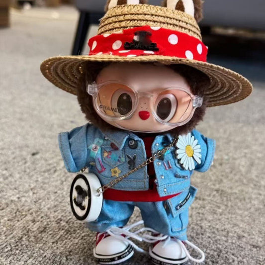 7-Piece Summer Travel Outfit Set for 17cm ALULU Doll – Includes Straw Hat, Denim Jacket & Shorts, Glasses, Red Top, Sneakers & Round Bag (Doll Not Included)
