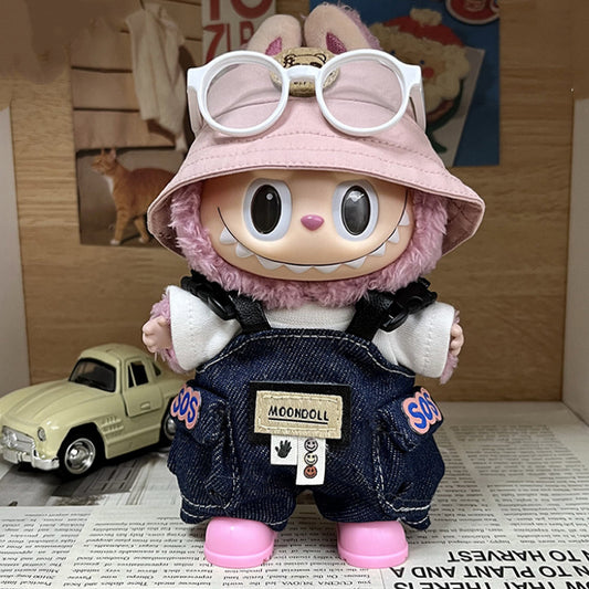 5-Piece Labubu Doll Outfit Set for 17cm/6.69inch – Includes Pink Bucket Hat, White Sunglasses, White T-Shirt, Denim SOS Overalls, and Pink Shoes (Doll Not Included)