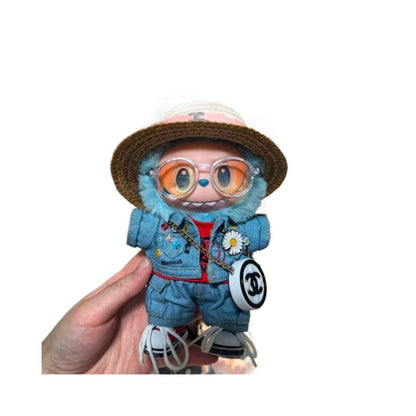 7-Piece Summer Travel Outfit Set for 17cm ALULU Doll – Includes Straw Hat, Denim Jacket & Shorts, Glasses, Red Top, Sneakers & Round Bag (Doll Not Included)